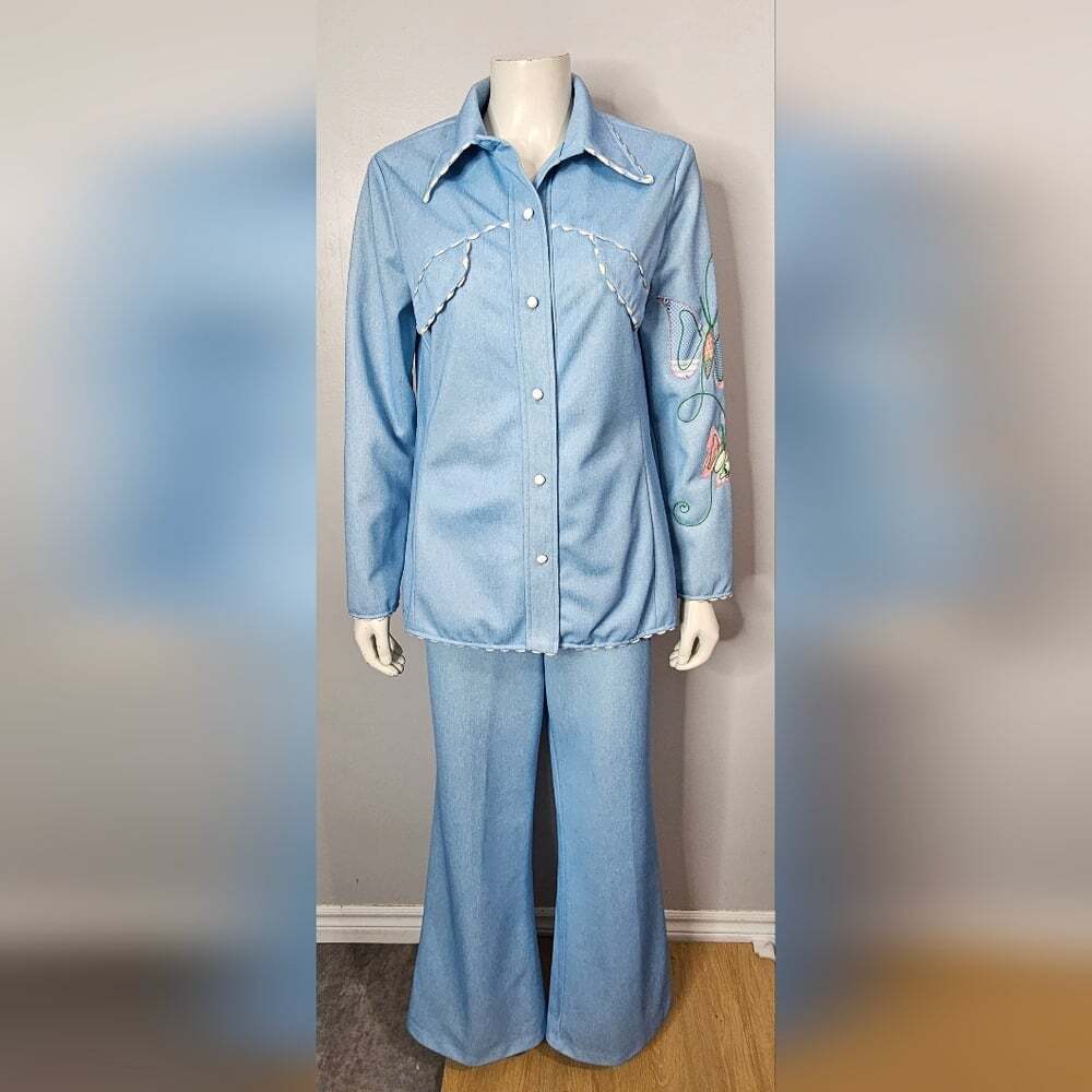 Vintage Embroidered Patchwork Blue Leisure Suit